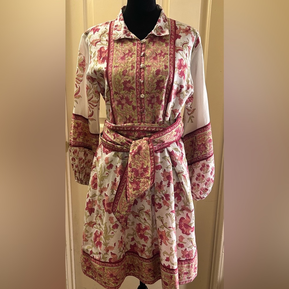 Anthropologie Sue Sartor Vintage Poppy Floral Bohemian Dress with Pink Accents - Picture 2 of 9